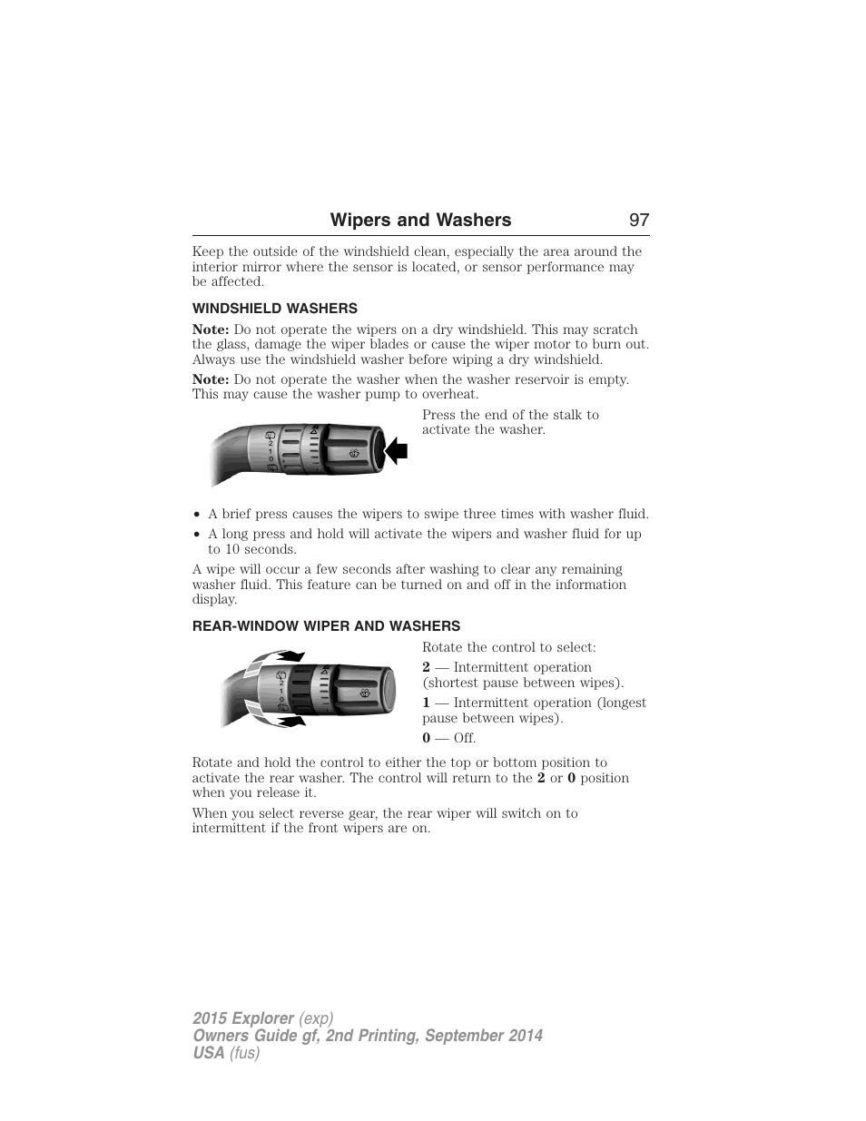 Windshield washers, Rear-window wiper and washers, Rear-window wiper and washer | Wipers and washers 97 | FORD 2015 Explorer User Manual | Page 98 / 596