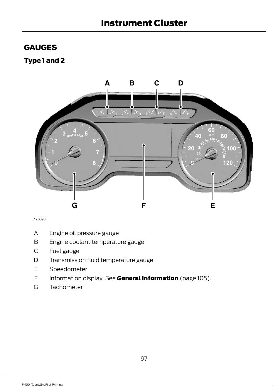 Instrument cluster, Gauges | FORD 2015 F-150 User Manual | Page 100 / 549