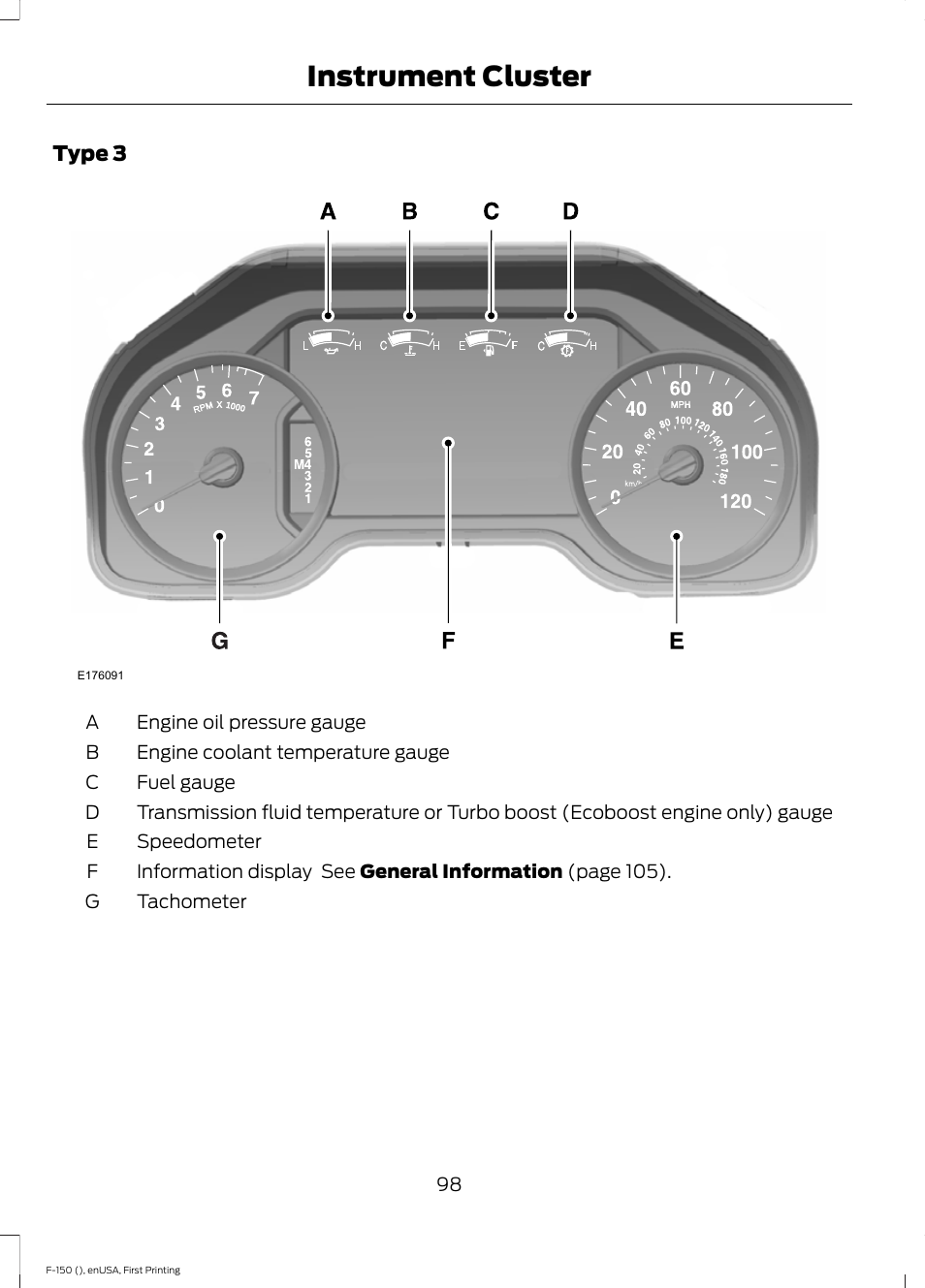 Instrument cluster | FORD 2015 F-150 User Manual | Page 101 / 549
