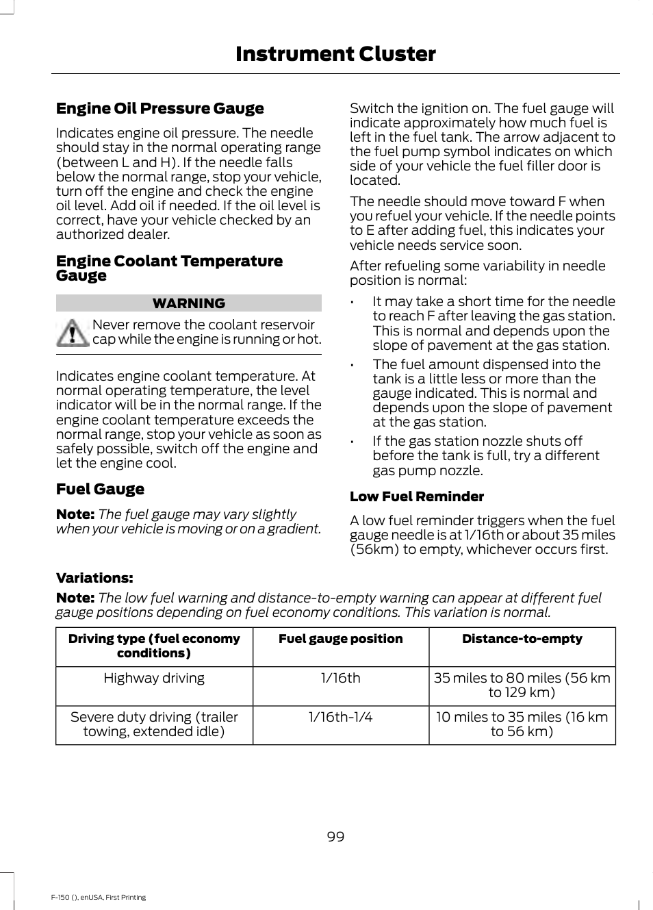 Instrument cluster | FORD 2015 F-150 User Manual | Page 102 / 549