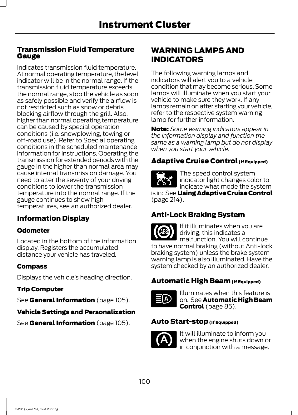 Warning lamps and indicators, Instrument cluster | FORD 2015 F-150 User Manual | Page 103 / 549