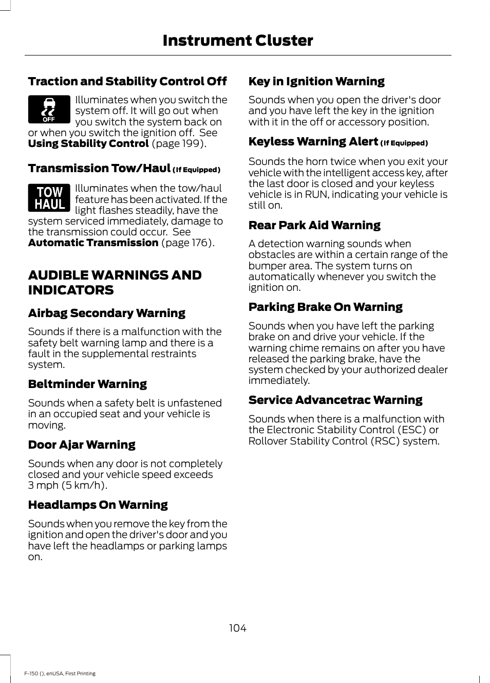 Audible warnings and indicators, Instrument cluster | FORD 2015 F-150 User Manual | Page 107 / 549