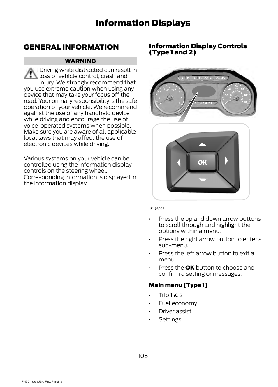 Information displays, General information | FORD 2015 F-150 User Manual | Page 108 / 549