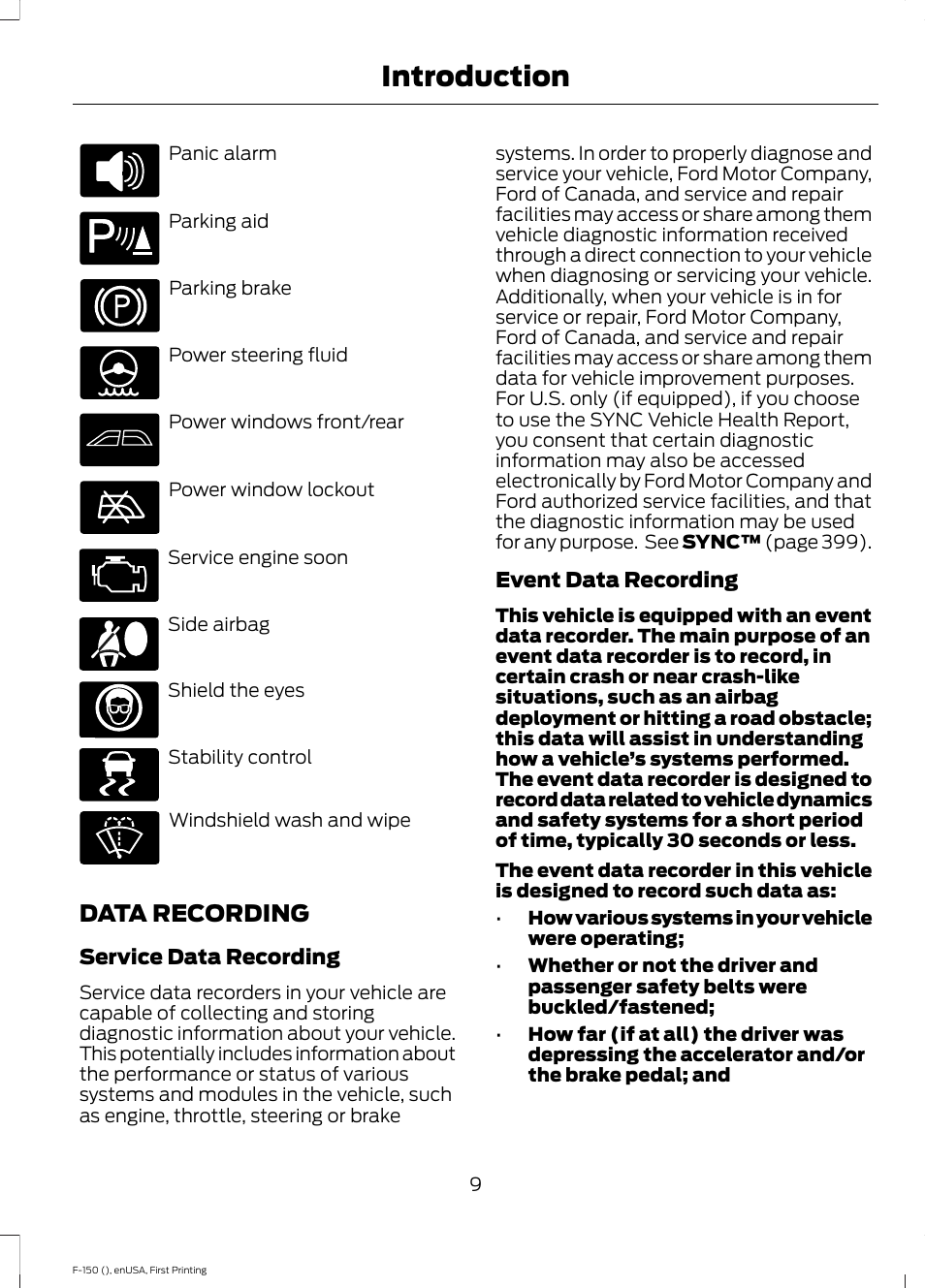 Data recording, Introduction | FORD 2015 F-150 User Manual | Page 12 / 549