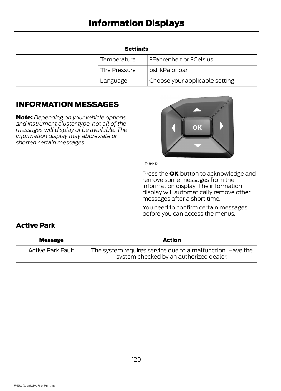 Information messages, Information displays | FORD 2015 F-150 User Manual | Page 123 / 549