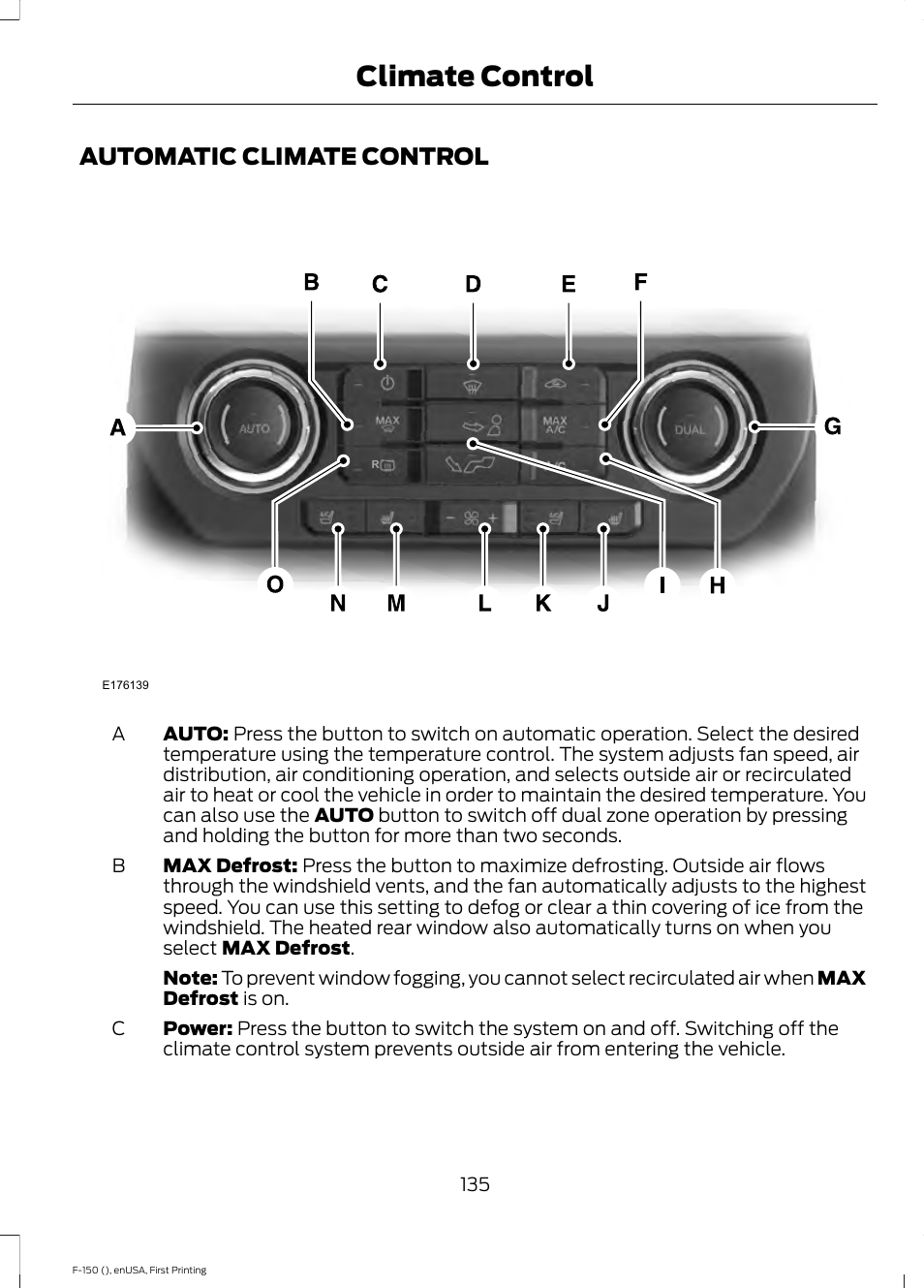 Automatic climate control, Climate control | FORD 2015 F-150 User Manual | Page 138 / 549