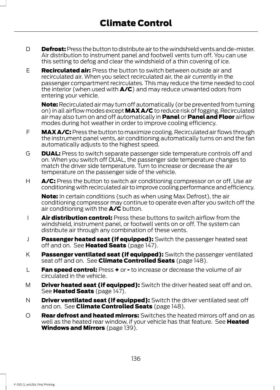 Climate control | FORD 2015 F-150 User Manual | Page 139 / 549