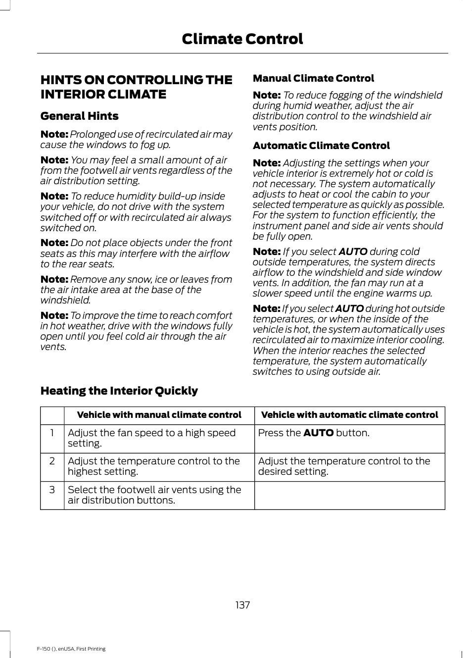 Hints on controlling the interior climate, Hints on controlling the interior, Climate | Climate control | FORD 2015 F-150 User Manual | Page 140 / 549