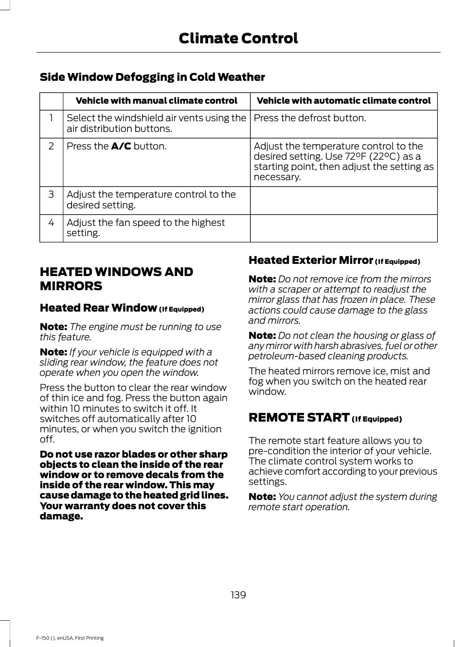 Heated windows and mirrors, Remote start, Heated windows and mirrors remote start | Climate control | FORD 2015 F-150 User Manual | Page 142 / 549