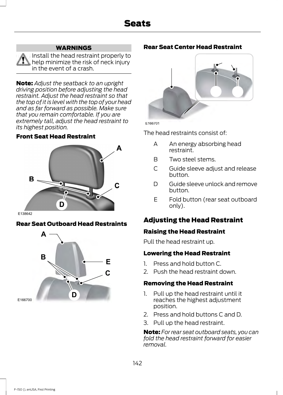 Seats, Ed c b a, Ad c b | FORD 2015 F-150 User Manual | Page 145 / 549