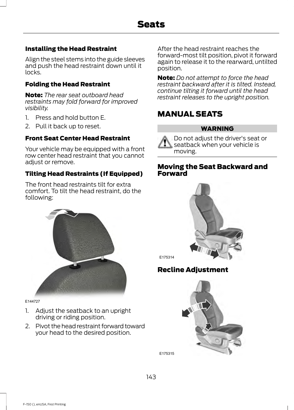 Manual seats, Seats | FORD 2015 F-150 User Manual | Page 146 / 549