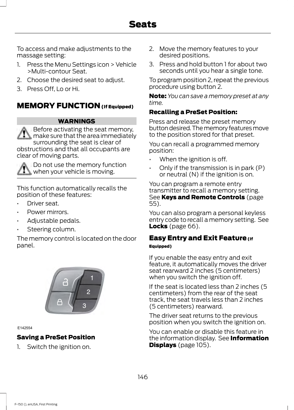 Memory function, Seats | FORD 2015 F-150 User Manual | Page 149 / 549