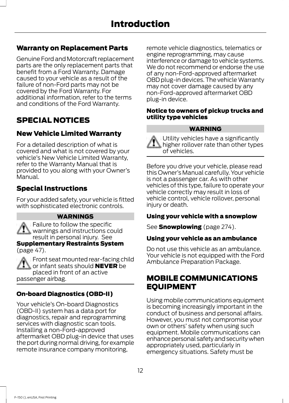 Special notices, Mobile communications equipment, Special notices mobile communications | Equipment, Introduction | FORD 2015 F-150 User Manual | Page 15 / 549