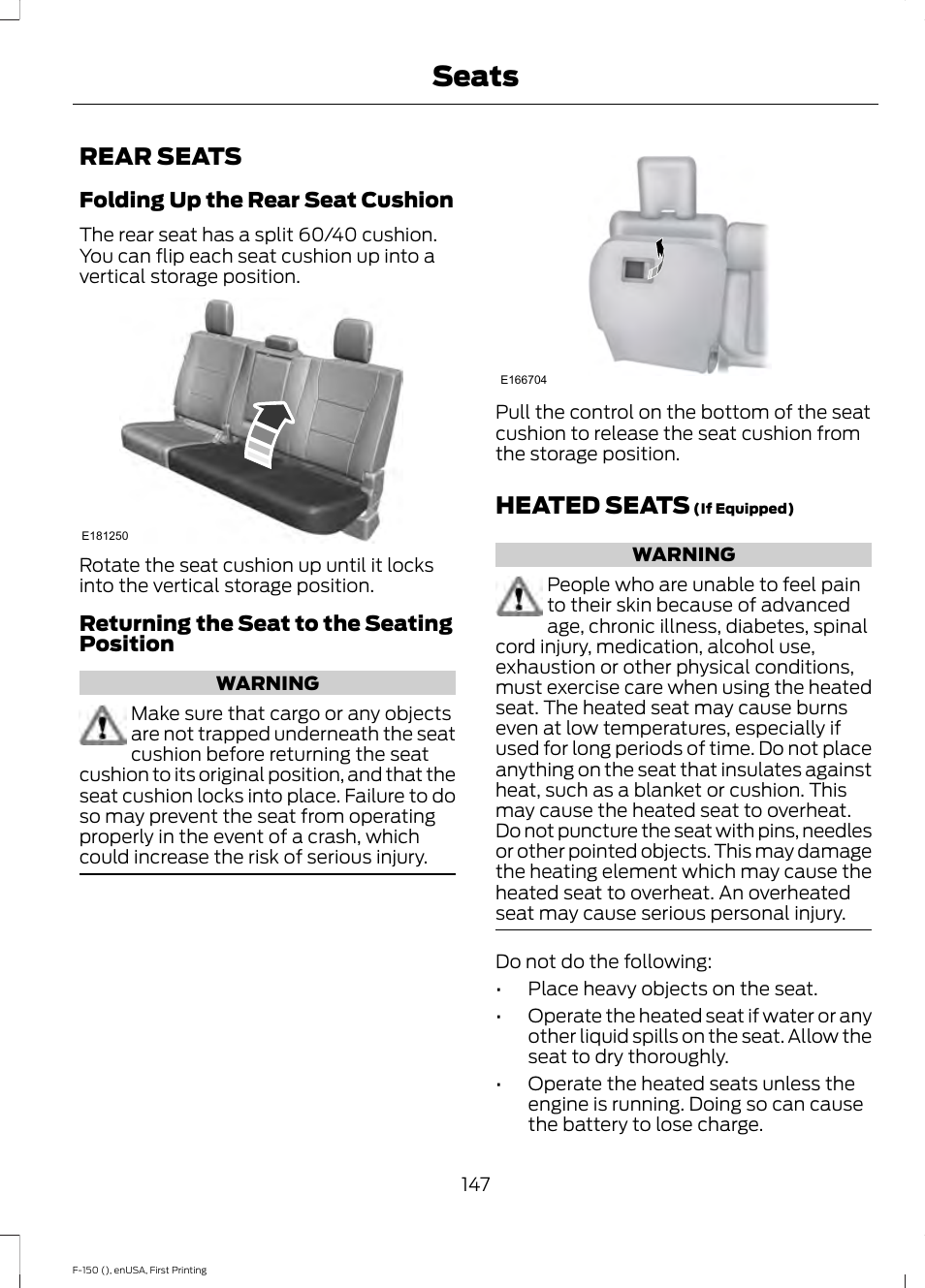 Rear seats, Heated seats, Rear seats heated seats | Seats | FORD 2015 F-150 User Manual | Page 150 / 549