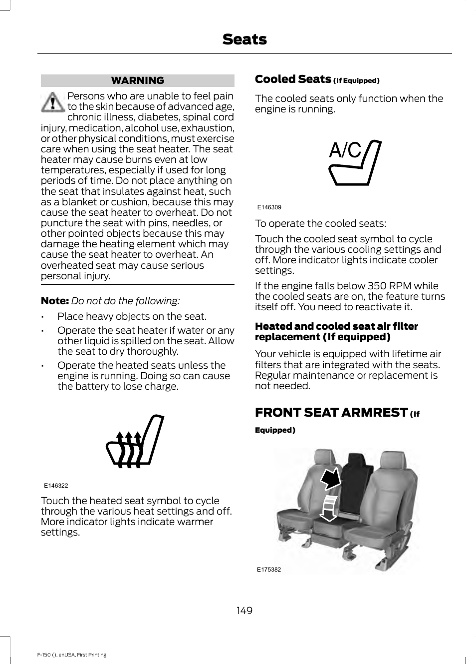 Front seat armrest, Seats | FORD 2015 F-150 User Manual | Page 152 / 549