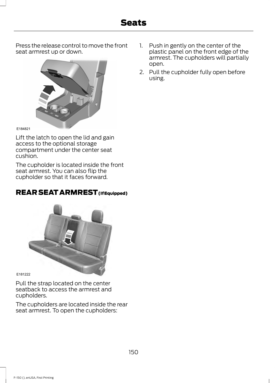 Rear seat armrest, Seats | FORD 2015 F-150 User Manual | Page 153 / 549