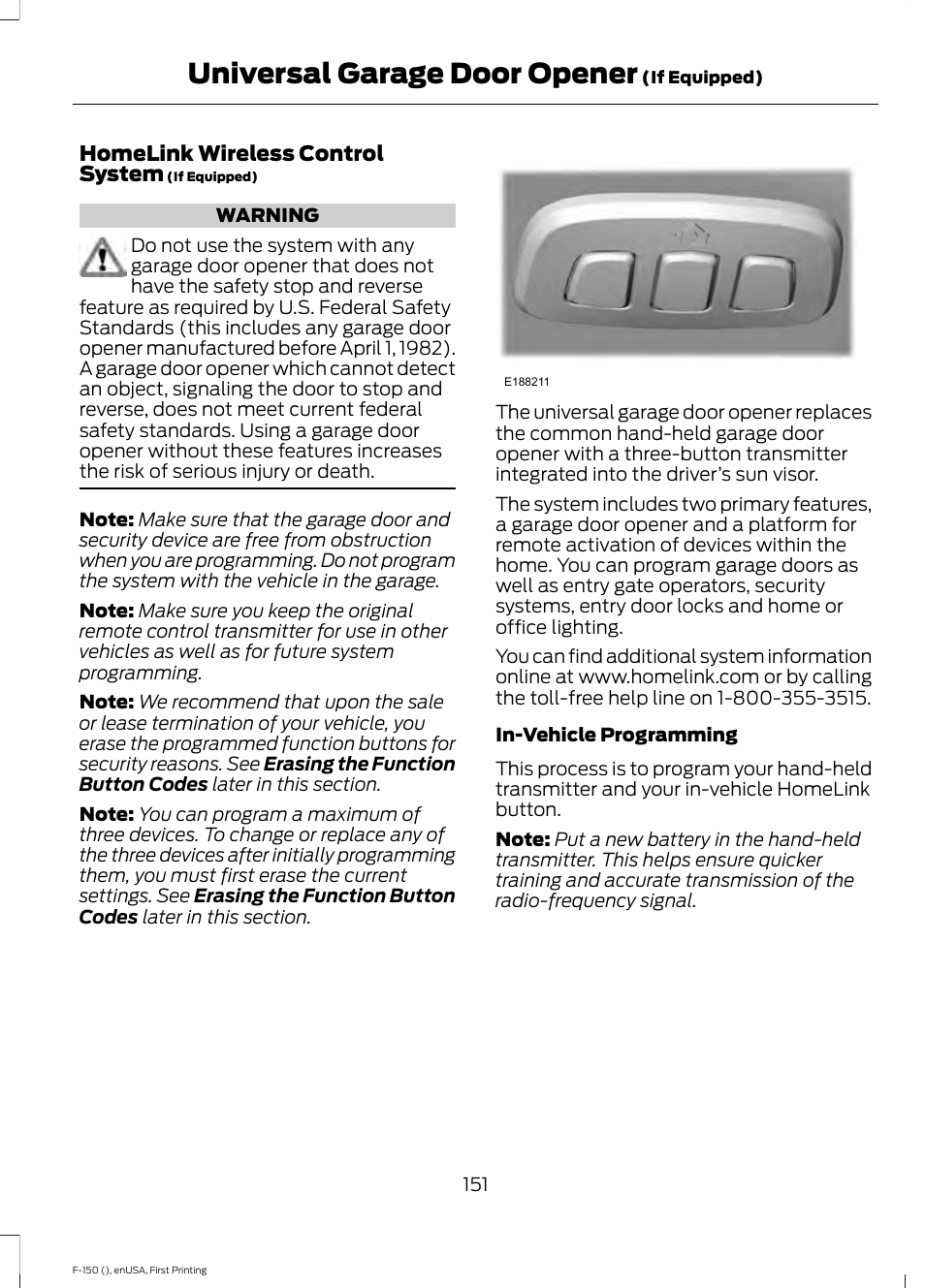 Universal garage door opener, Universal garage door, Opener | FORD 2015 F-150 User Manual | Page 154 / 549