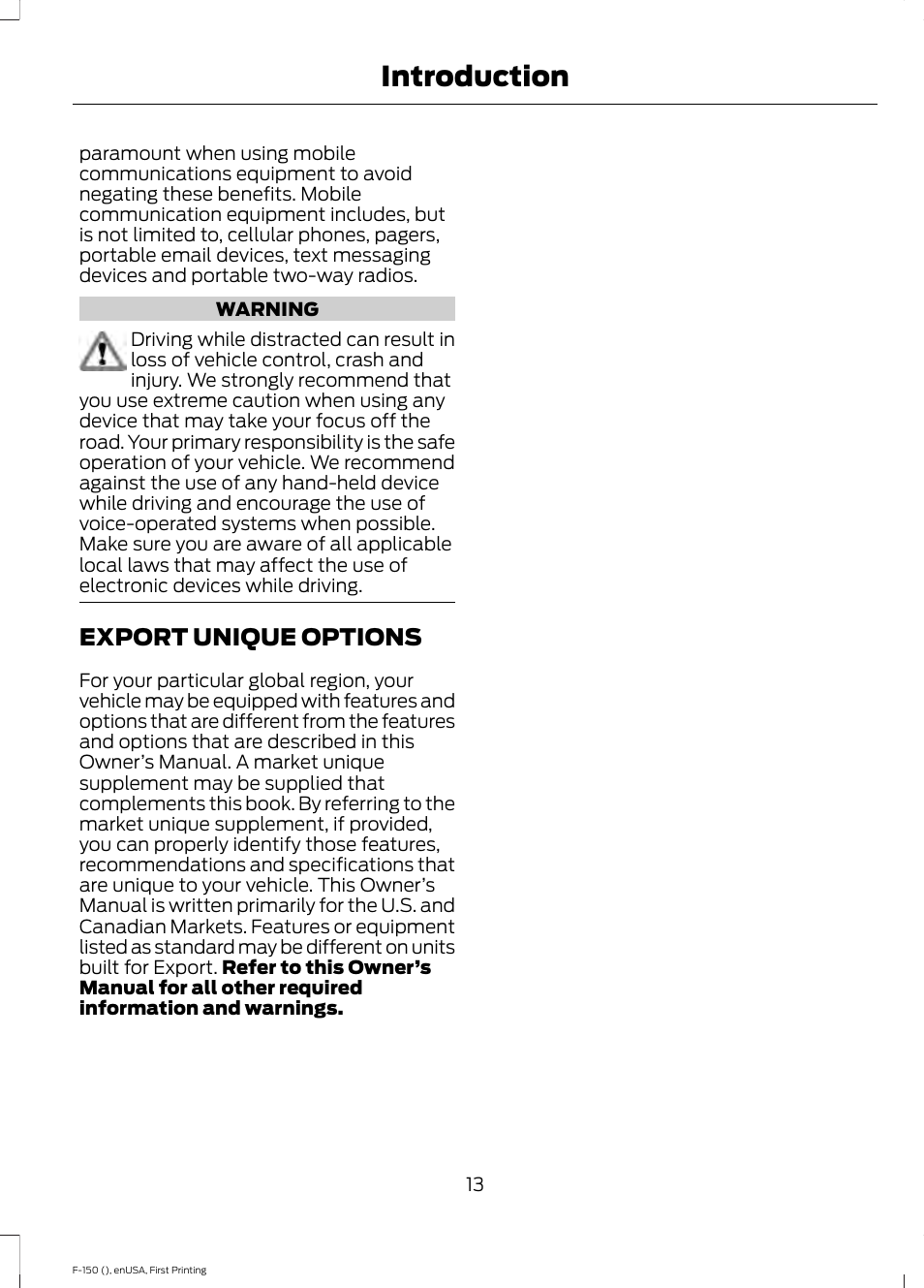 Export unique options, Introduction | FORD 2015 F-150 User Manual | Page 16 / 549
