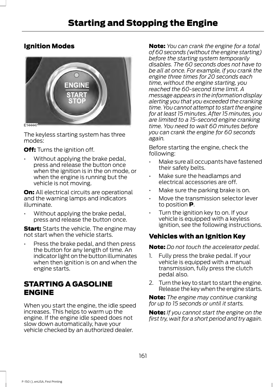Starting a gasoline engine, Starting and stopping the engine | FORD 2015 F-150 User Manual | Page 164 / 549