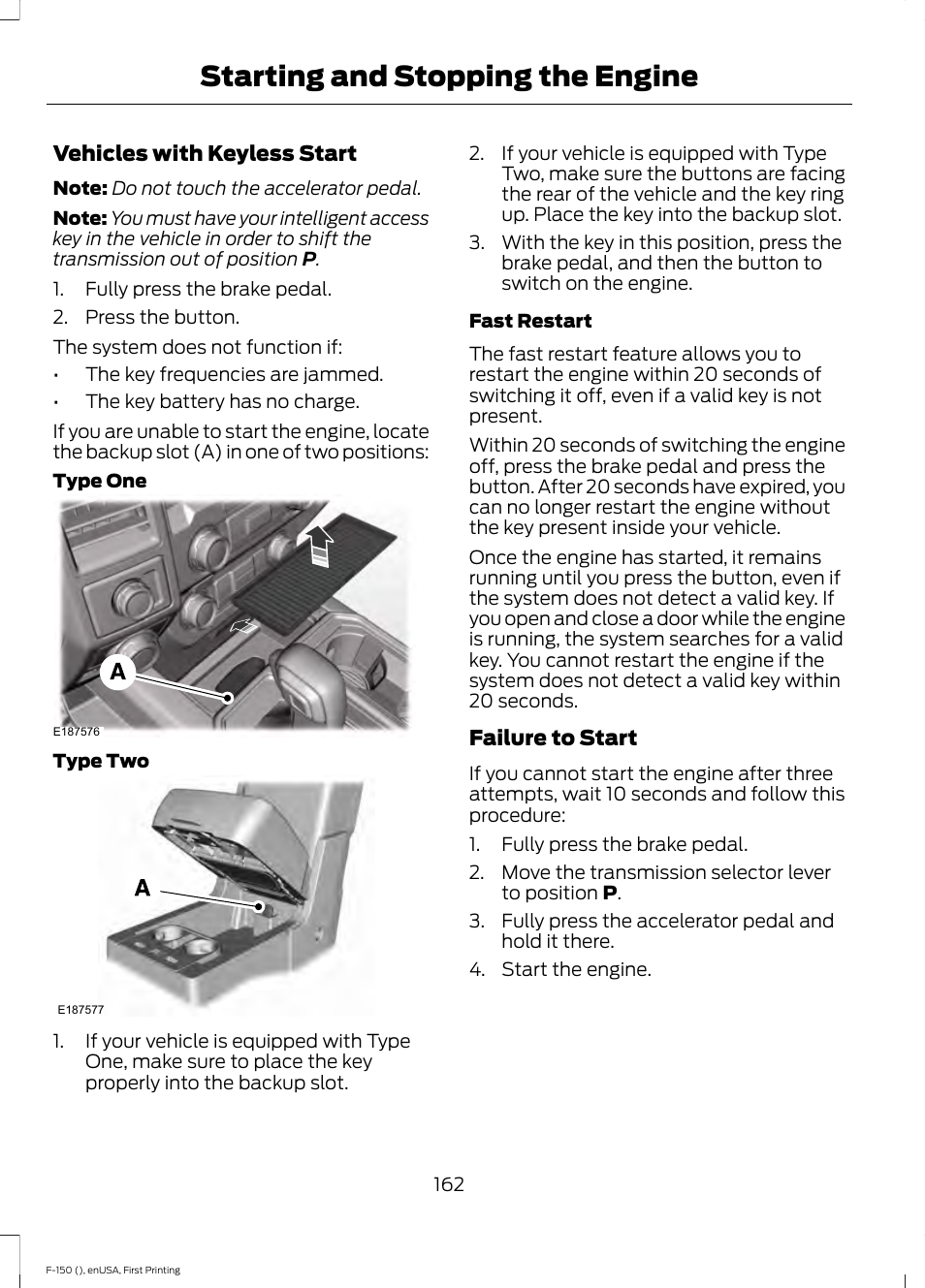 Starting and stopping the engine | FORD 2015 F-150 User Manual | Page 165 / 549