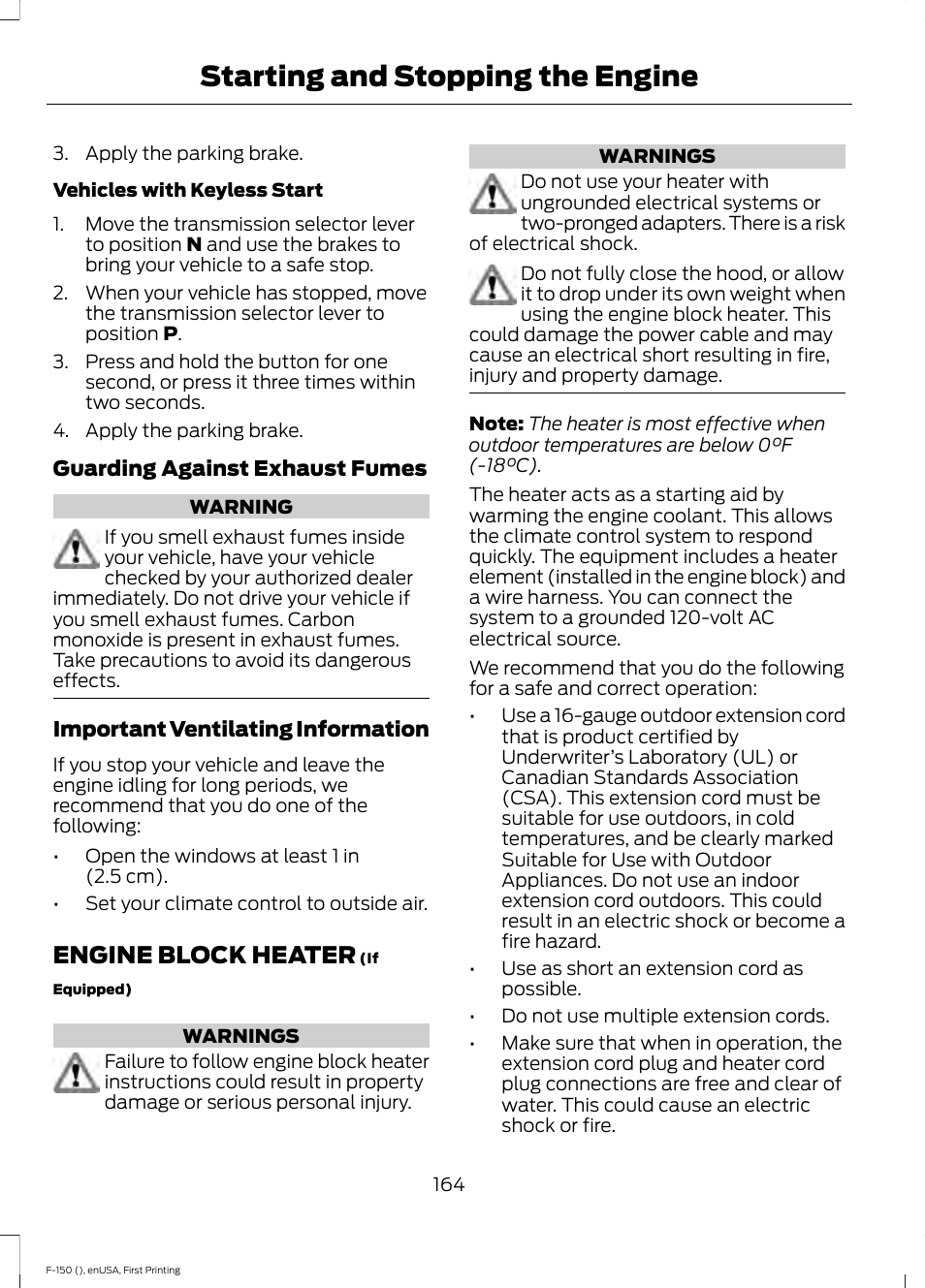 Engine block heater, Starting and stopping the engine | FORD 2015 F-150 User Manual | Page 167 / 549