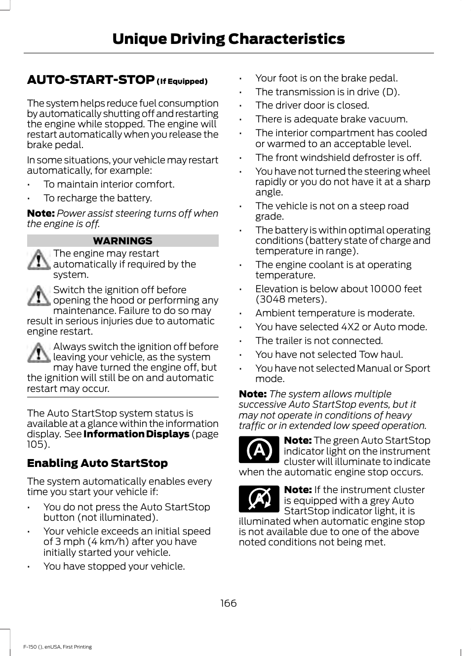 Unique driving characteristics, Auto-start-stop, Unique driving character | Istics | FORD 2015 F-150 User Manual | Page 169 / 549