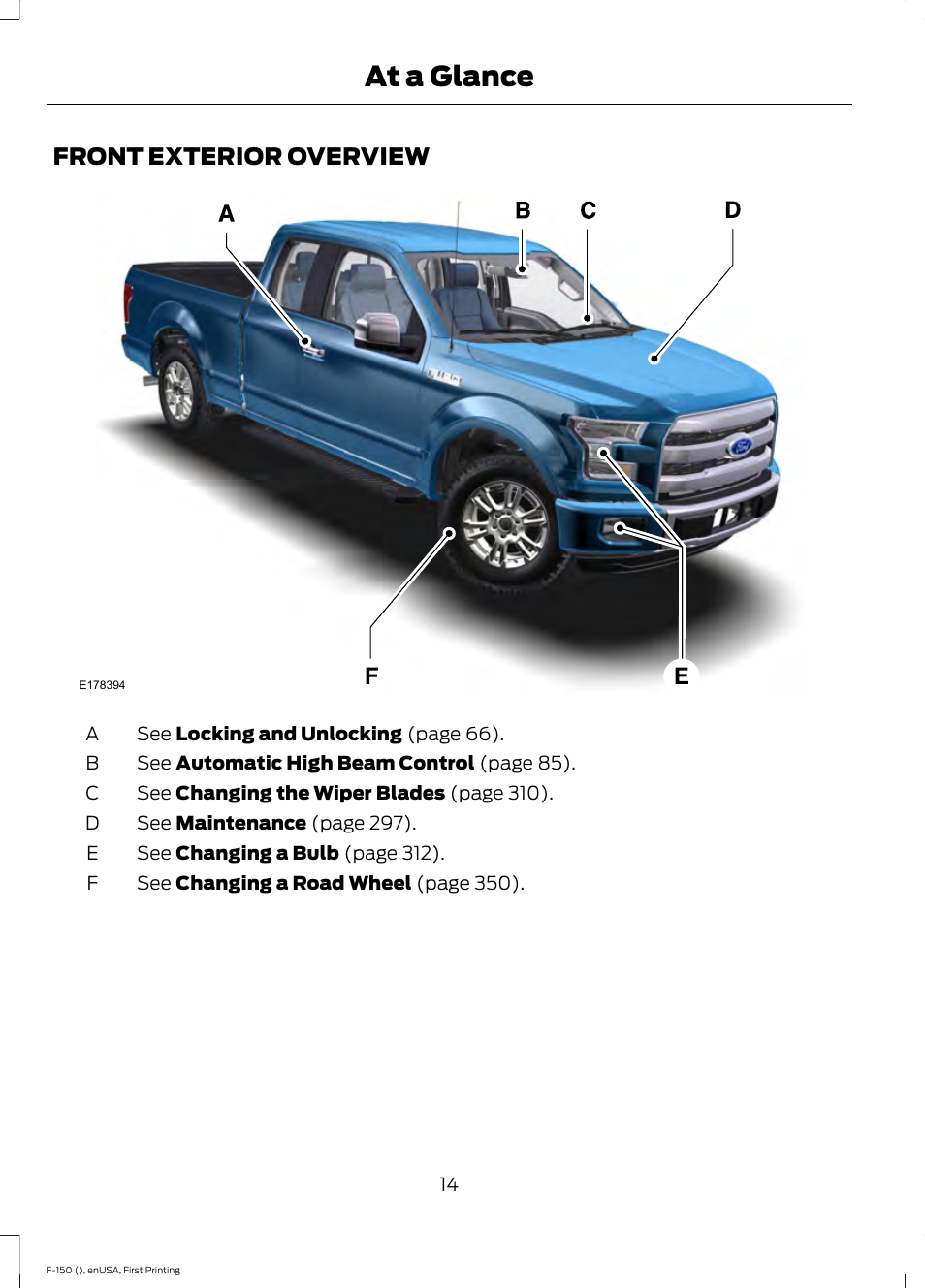At a glance, Front exterior overview | FORD 2015 F-150 User Manual | Page 17 / 549
