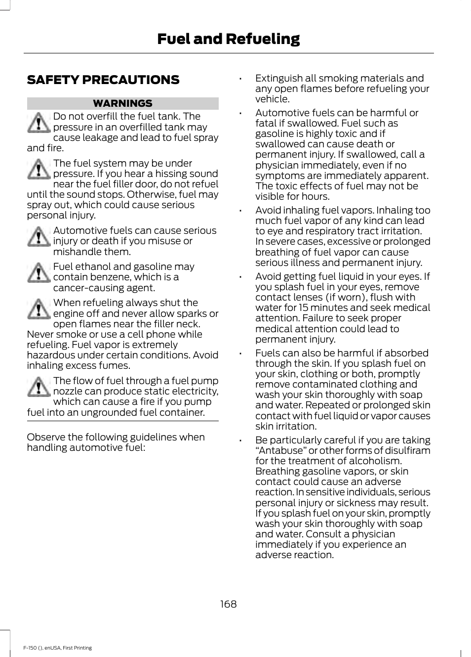 Fuel and refueling, Safety precautions | FORD 2015 F-150 User Manual | Page 171 / 549