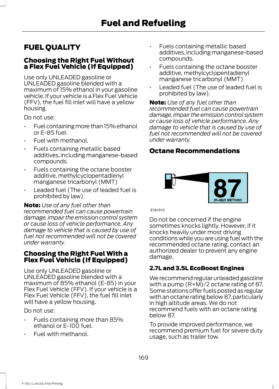 Fuel quality, Fuel and refueling | FORD 2015 F-150 User Manual | Page 172 / 549