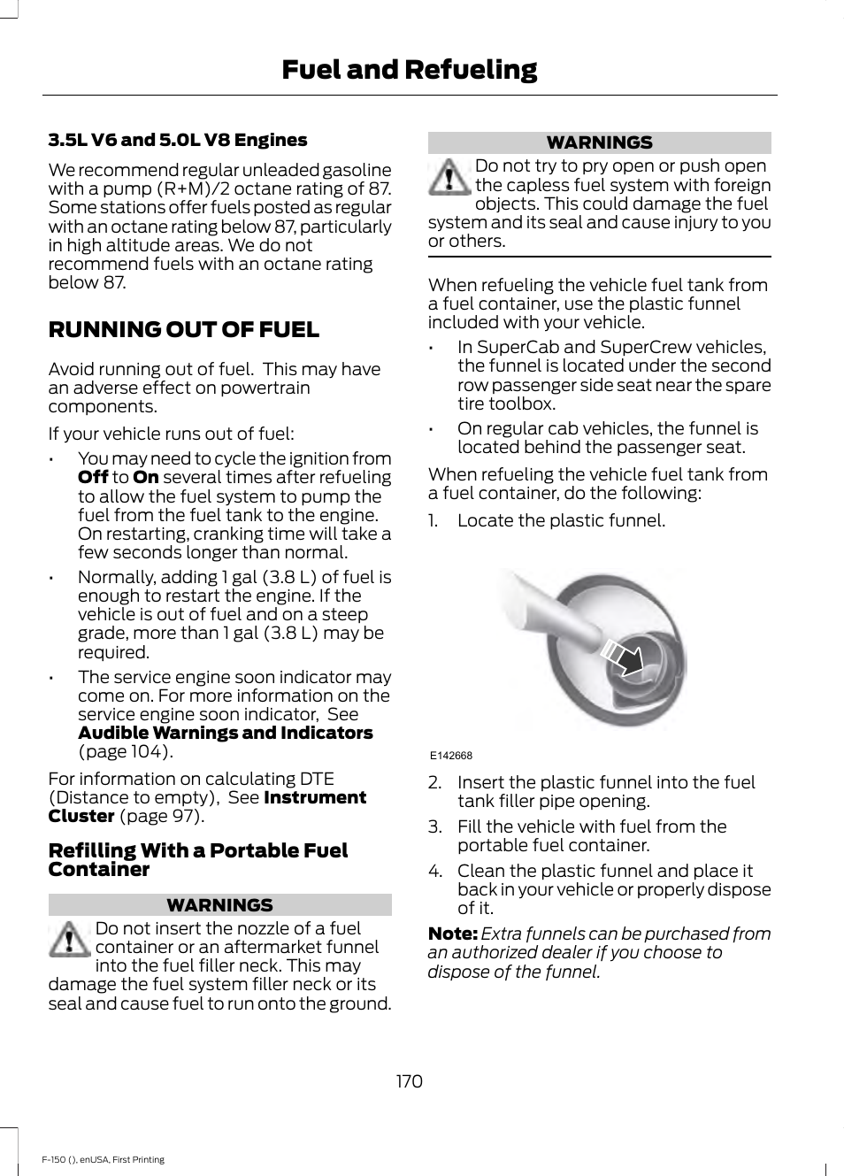 Running out of fuel, Fuel and refueling | FORD 2015 F-150 User Manual | Page 173 / 549