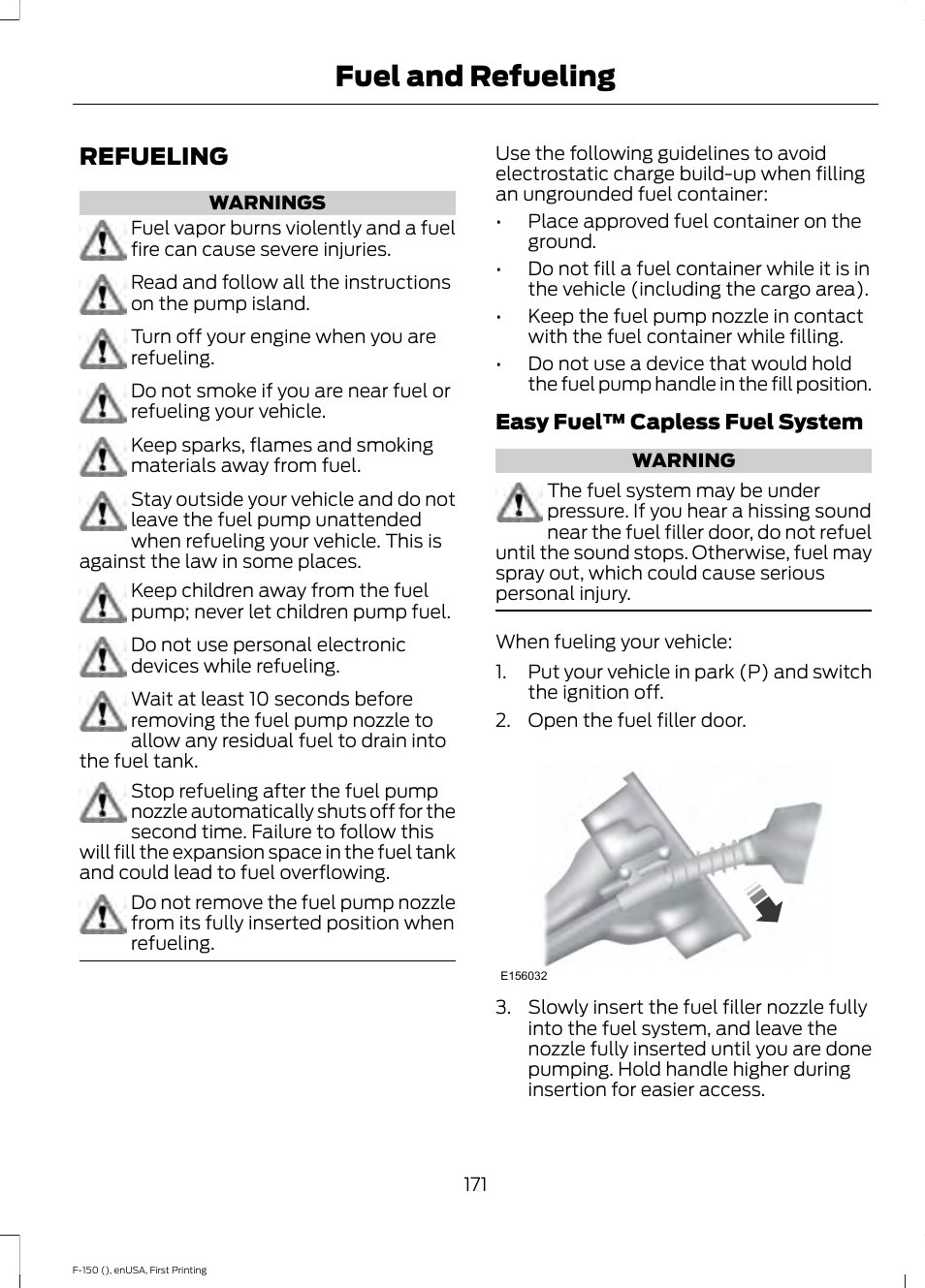 Refueling, Fuel and refueling | FORD 2015 F-150 User Manual | Page 174 / 549