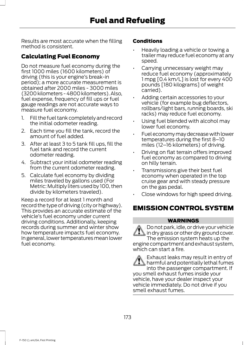 Emission control system, Fuel and refueling | FORD 2015 F-150 User Manual | Page 176 / 549