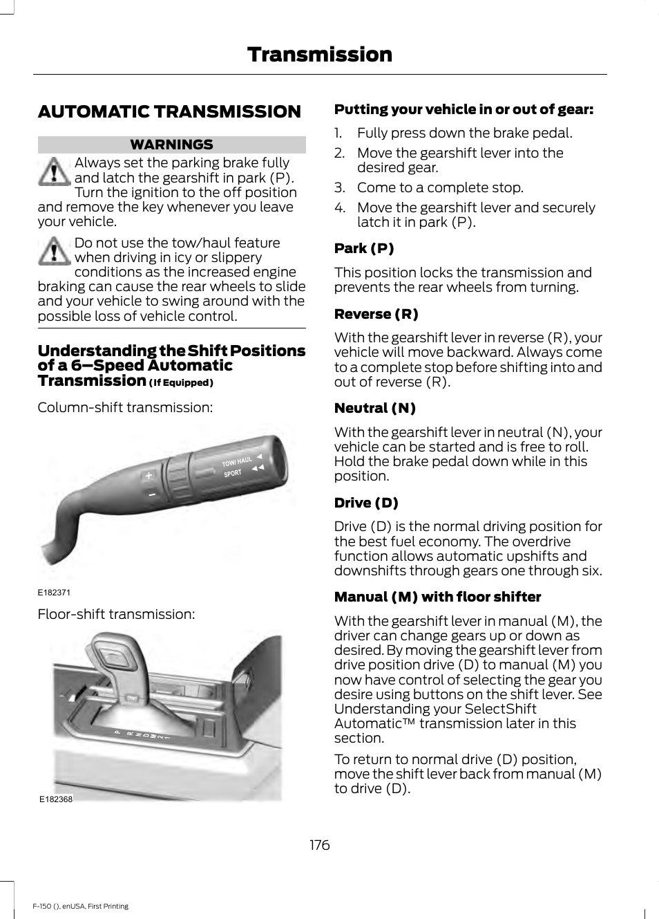 Transmission, Automatic transmission | FORD 2015 F-150 User Manual | Page 179 / 549