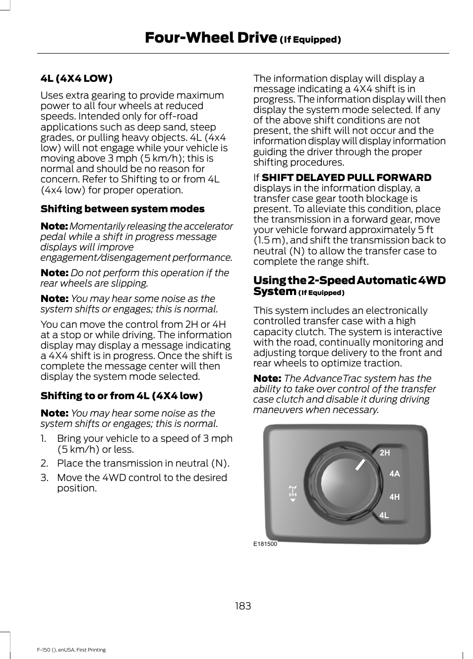 Four-wheel drive | FORD 2015 F-150 User Manual | Page 186 / 549