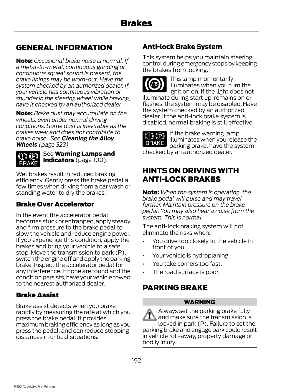 Brakes, General information, Hints on driving with anti-lock brakes | Parking brake | FORD 2015 F-150 User Manual | Page 195 / 549