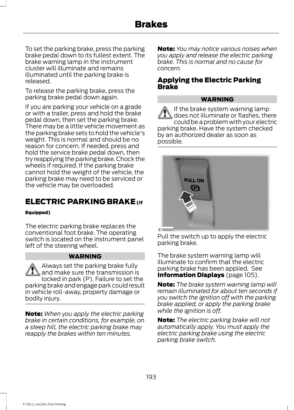 Electric parking brake, See electric, Brakes | FORD 2015 F-150 User Manual | Page 196 / 549