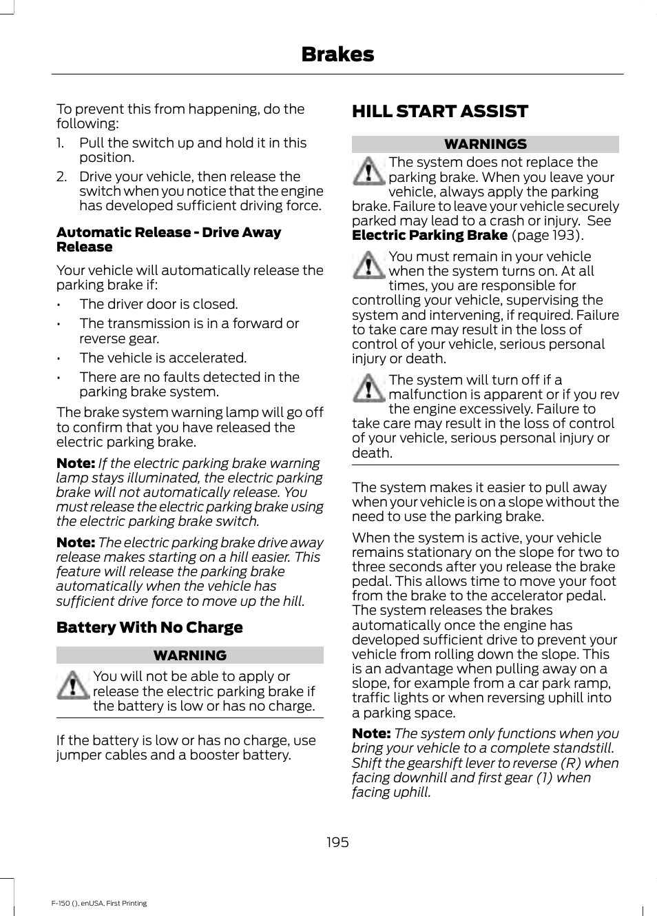 Hill start assist, Brakes | FORD 2015 F-150 User Manual | Page 198 / 549