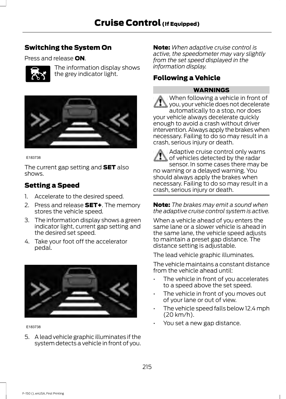 Cruise control | FORD 2015 F-150 User Manual | Page 218 / 549