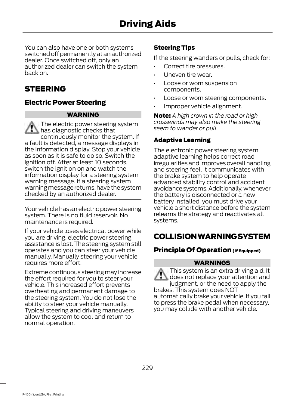 Steering, Collision warning system, Steering collision warning system | Driving aids | FORD 2015 F-150 User Manual | Page 232 / 549