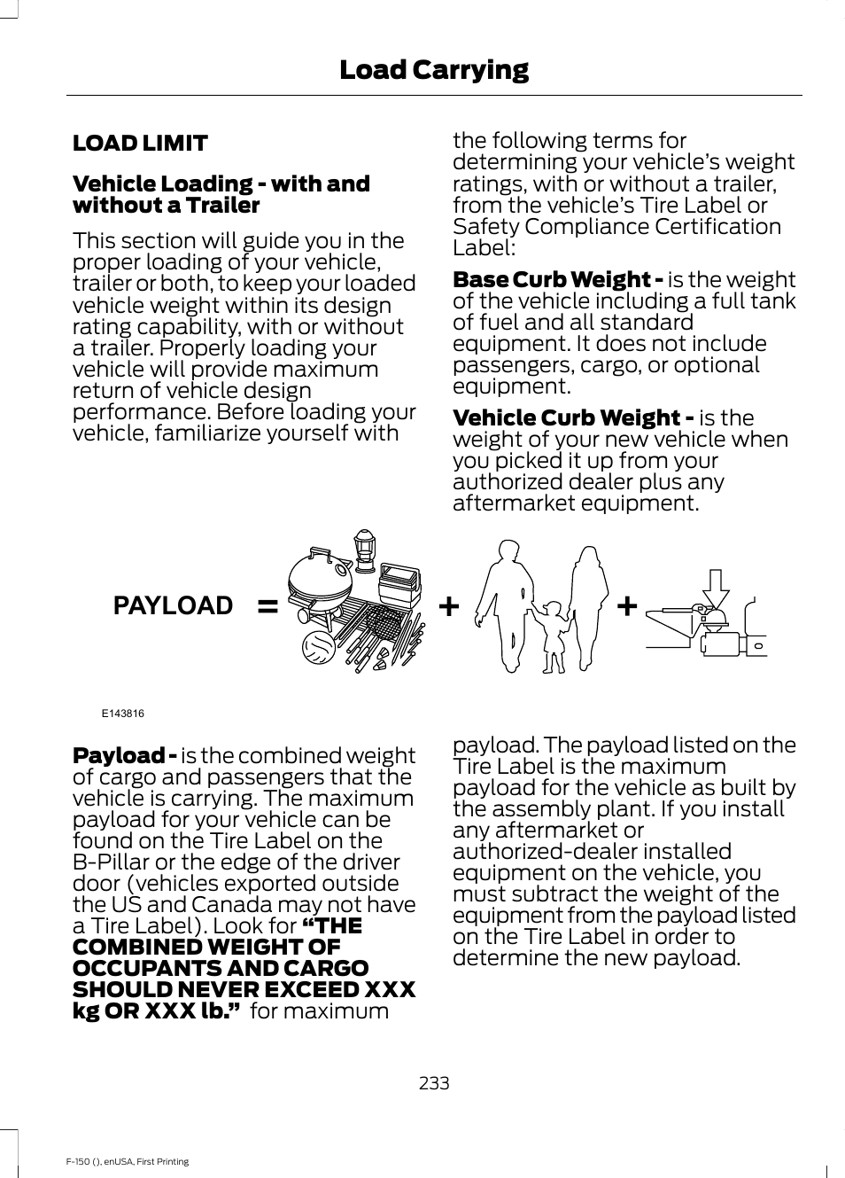 Load carrying, Load limit, Payload | FORD 2015 F-150 User Manual | Page 236 / 549