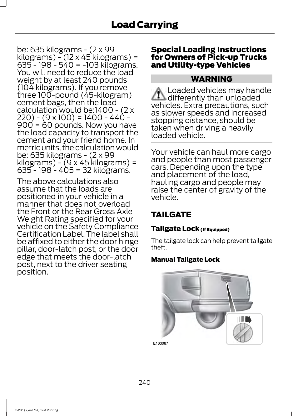 Tailgate, Load carrying | FORD 2015 F-150 User Manual | Page 243 / 549