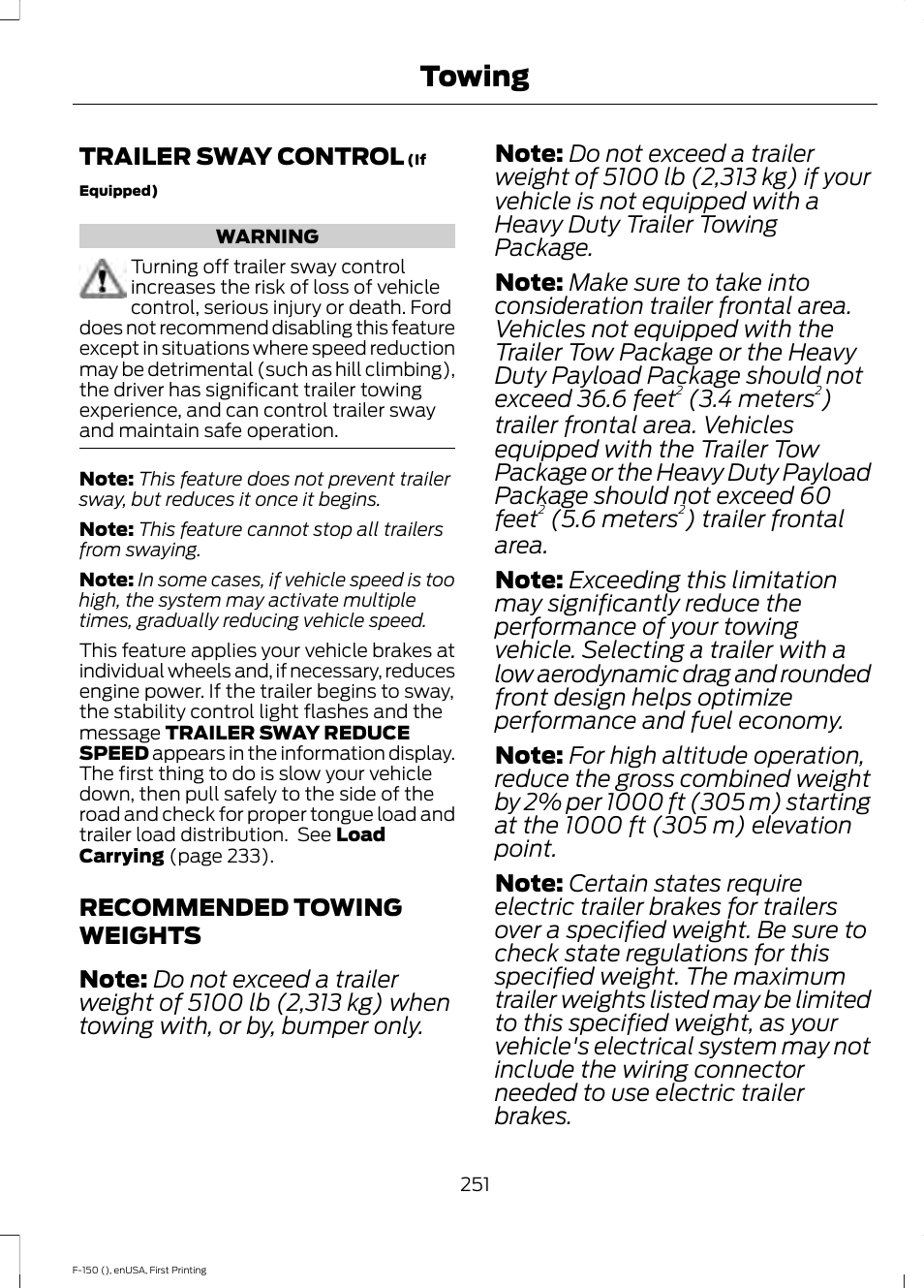 Trailer sway control, Recommended towing weights, Trailer sway control recommended towing weights | Towing | FORD 2015 F-150 User Manual | Page 254 / 549