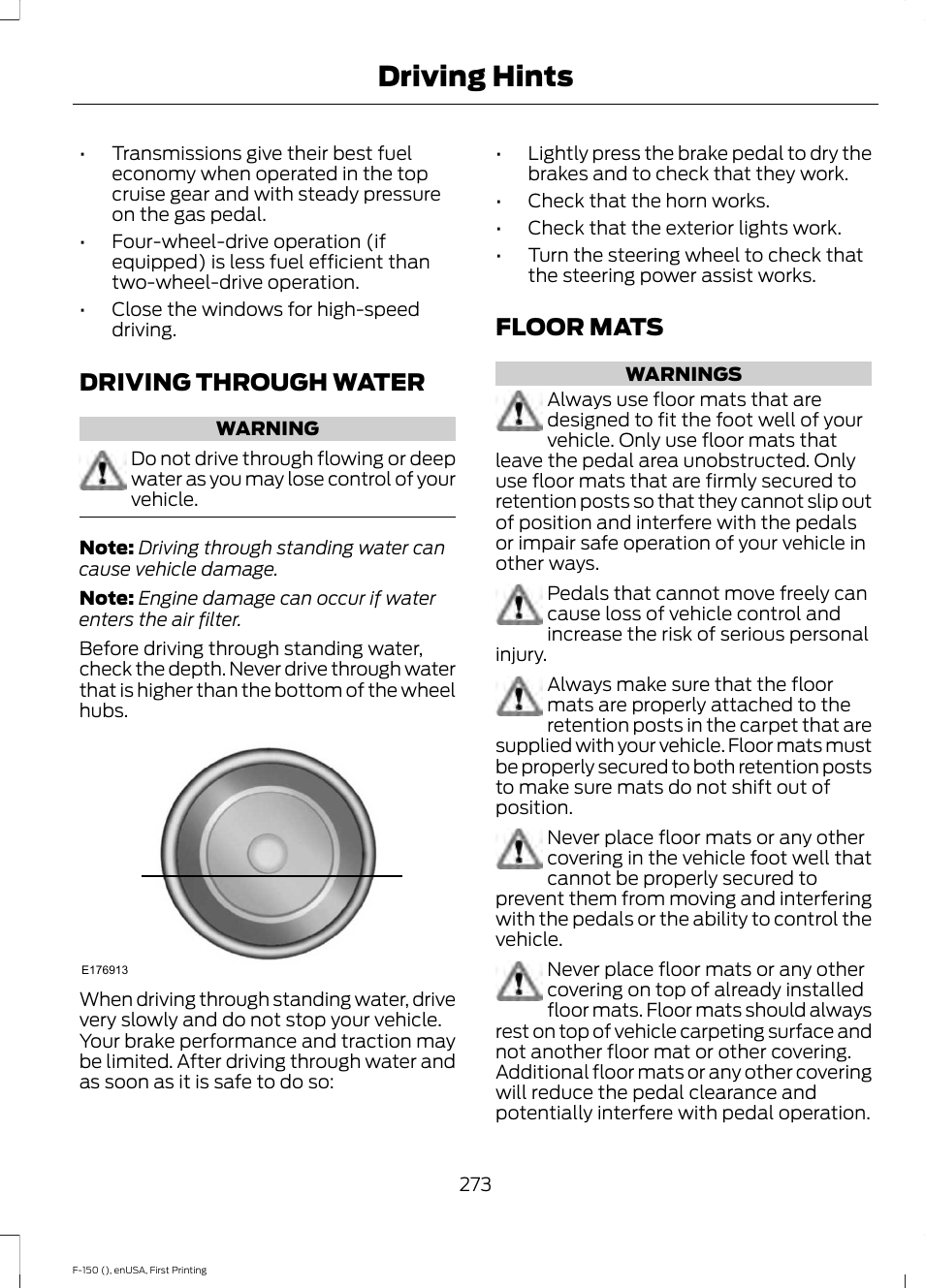 Driving through water, Floor mats, Driving through water floor mats | Driving hints | FORD 2015 F-150 User Manual | Page 276 / 549