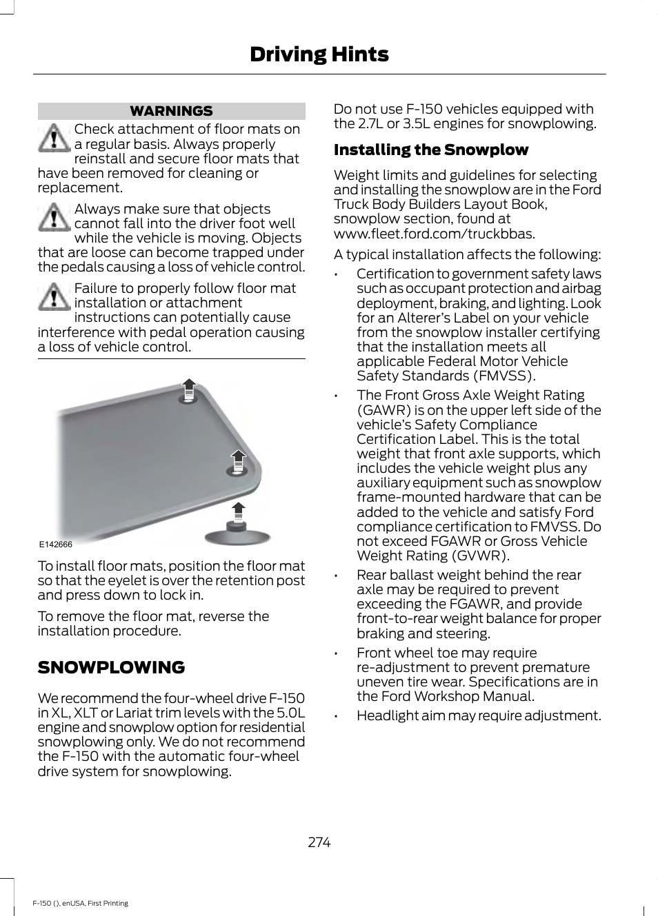 Snowplowing, Driving hints | FORD 2015 F-150 User Manual | Page 277 / 549