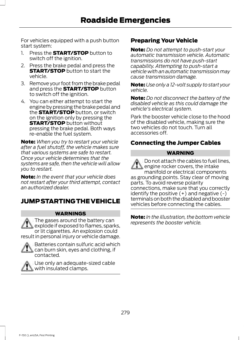 Jump starting the vehicle, Roadside emergencies | FORD 2015 F-150 User Manual | Page 282 / 549