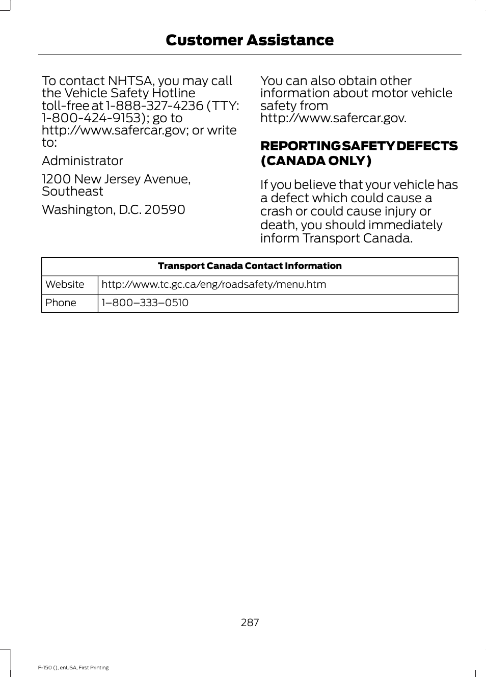 Reporting safety defects (canada only), Reporting safety defects (canada, Only) | Customer assistance | FORD 2015 F-150 User Manual | Page 290 / 549