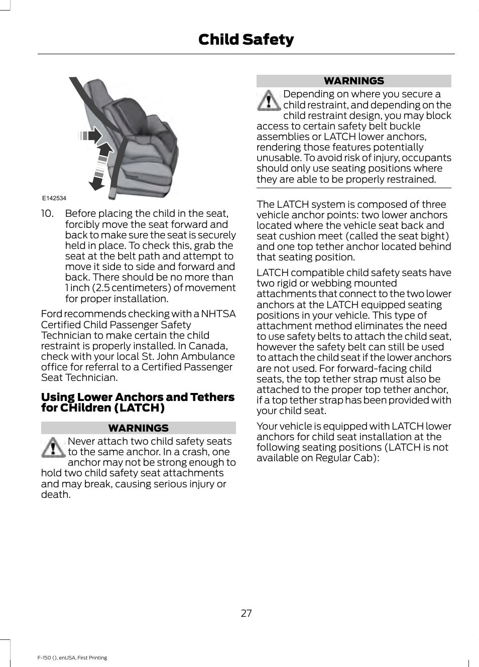 Child safety | FORD 2015 F-150 User Manual | Page 30 / 549