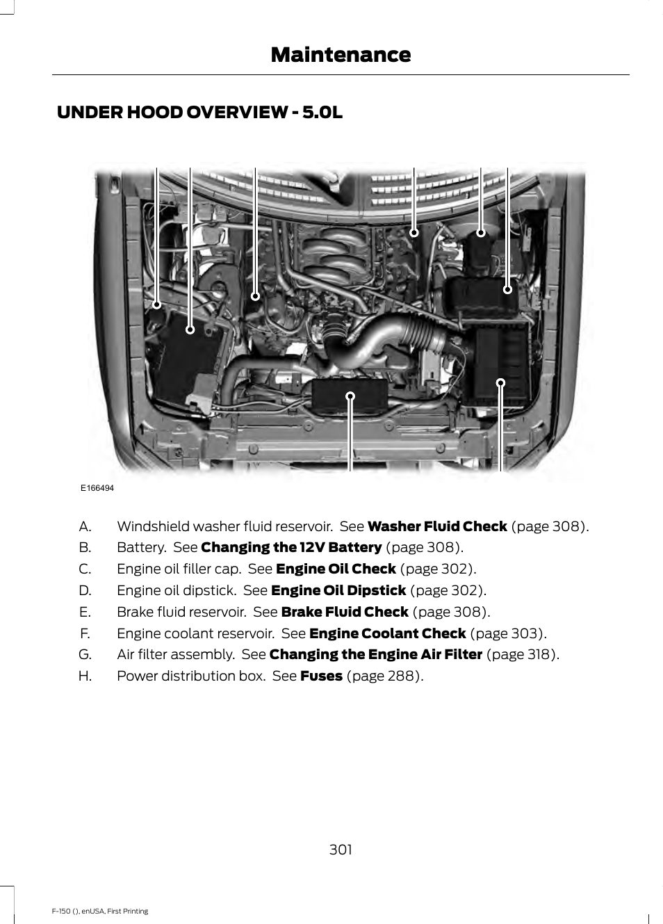 Under hood overview, Under hood overview - 5.0l, Maintenance | FORD 2015 F-150 User Manual | Page 304 / 549