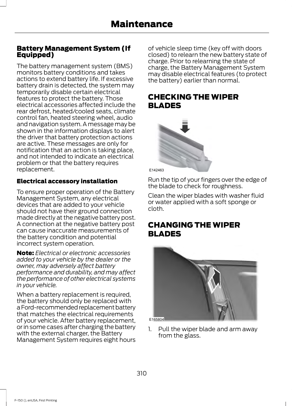 Checking the wiper blades, Changing the wiper blades, Maintenance | FORD 2015 F-150 User Manual | Page 313 / 549