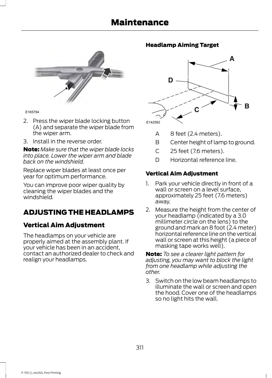 Adjusting the headlamps, Maintenance | FORD 2015 F-150 User Manual | Page 314 / 549